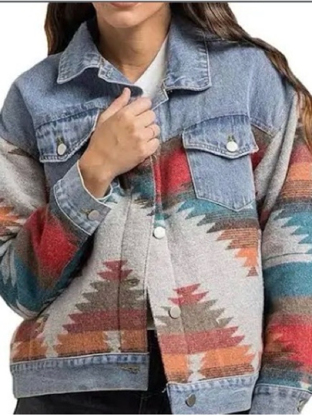 Women's Aztec Print Denim-Trim Jacket in Blue & Multi